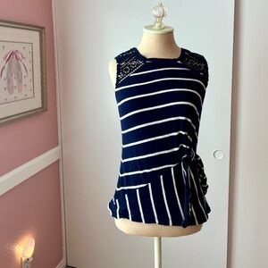 Anthropologie Navy and White Striped Tank with Lace Accents